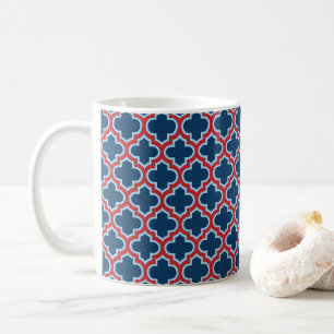 Blue and Red Moroccan Trellis, Lattice, Quatrefoil Coffee Mug