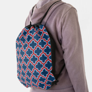 Blue and Red Moroccan Trellis, Lattice, Quatrefoil Drawstring Bag