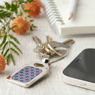 Blue and Red Moroccan Trellis, Lattice, Quatrefoil Keychain