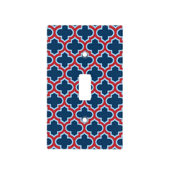 Blue and Red Moroccan Trellis, Lattice, Quatrefoil Light Switch Cover (Front)