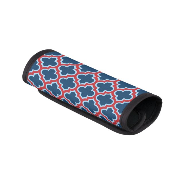 Blue and Red Moroccan Trellis, Lattice, Quatrefoil Luggage Handle Wrap (Angled)
