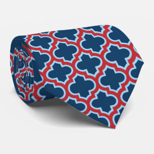 Blue and Red Moroccan Trellis, Lattice, Quatrefoil Neck Tie