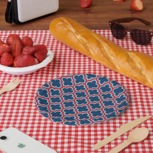 Blue and Red Moroccan Trellis, Lattice, Quatrefoil Paper Plates