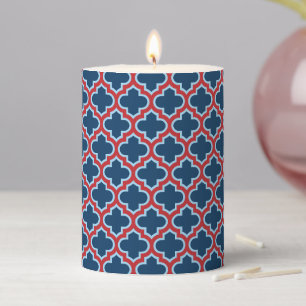 Blue and Red Moroccan Trellis, Lattice, Quatrefoil Pillar Candle