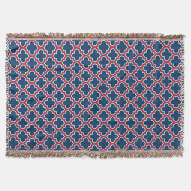 Blue and Red Moroccan Trellis, Lattice, Quatrefoil Throw Blanket (Front)