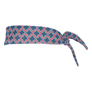 Blue and Red Moroccan Trellis, Lattice, Quatrefoil Tie Headband