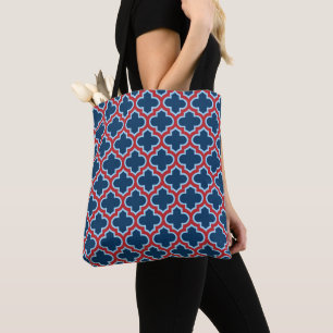 Blue and Red Moroccan Trellis, Lattice, Quatrefoil Tote Bag