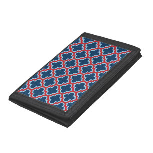 Blue and Red Moroccan Trellis, Lattice, Quatrefoil Tri-fold Wallet