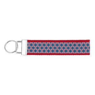 Blue and Red Moroccan Trellis, Lattice, Quatrefoil Wrist Keychain