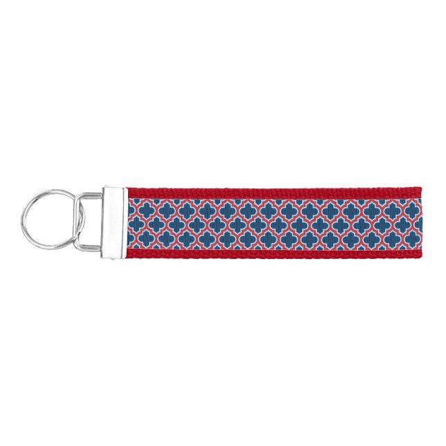 Blue and Red Moroccan Trellis, Lattice, Quatrefoil Wrist Keychain (Keys on Left)