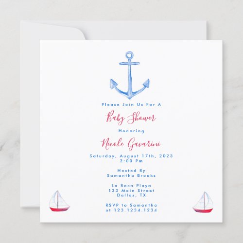 Blue And Red Nautical Baby Shower Invitations