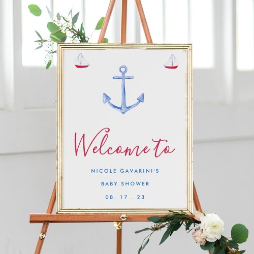 Blue And Red Nautical Baby Shower Welcome Sign 