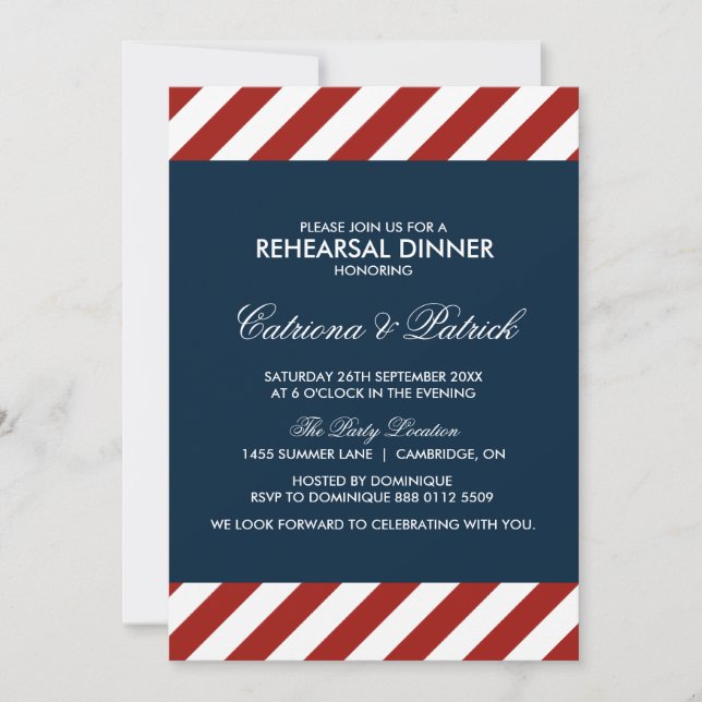 Blue and Red Nautical Rehearsal Dinner Invitation (Front)