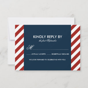 Blue and Red Nautical Stripes Wedding RSVP Card