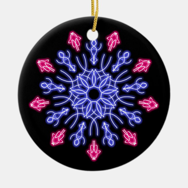 Blue and red neon flower ceramic ornament (Front)