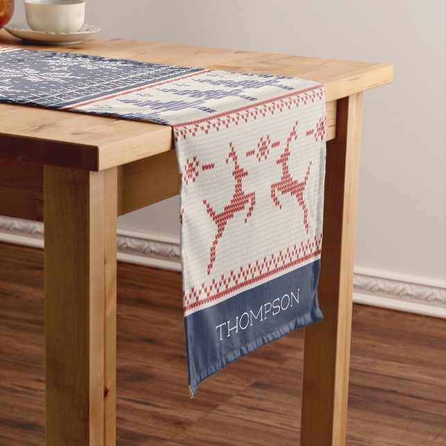 Blue and Red Nordic Christmas Pattern Short Table Runner (In Situ)