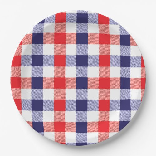 Blue and Red Patriotic Checks Paper Plate