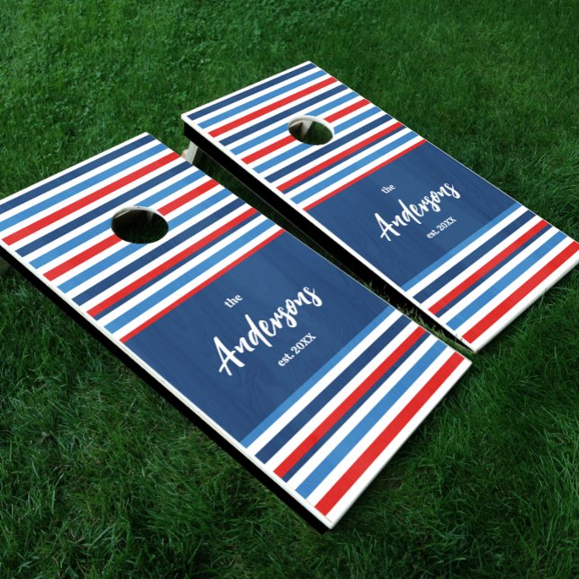 Blue and Red Patriotic Stripe Family Name Cornhole Set (Creator Uploaded)