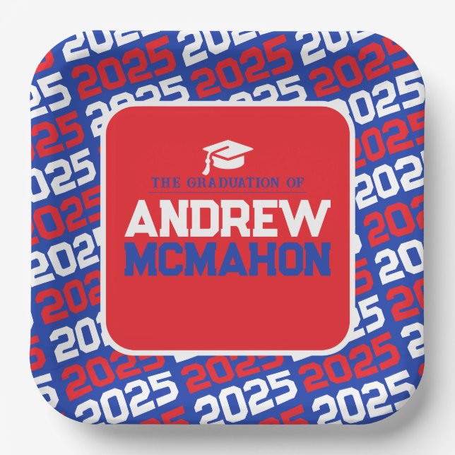 Blue and Red Personalized Graduation Paper Plates (Front)
