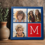 Blue and Red Photo Collage with Monogram Ceramic Tile<br><div class="desc">Use 3 square photos to create a unique and personal gift. If you need to adjust the pictures,  click on the customize tool to make changes.</div>