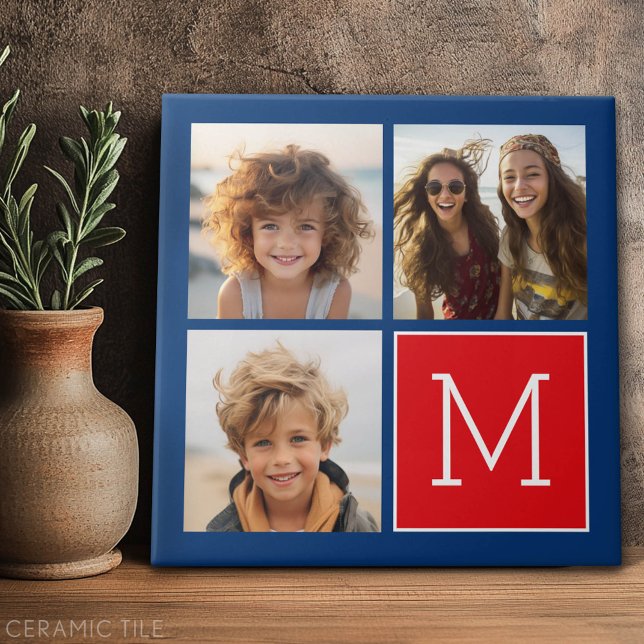 Blue and Red Photo Collage with Monogram Ceramic Tile (Custom Tile)