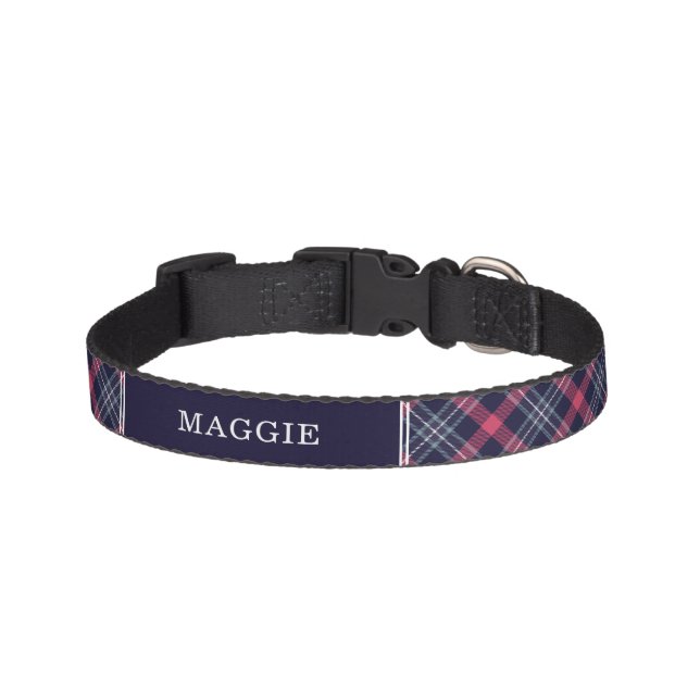 Blue and Red Plaid Pattern Personalized Pet Collar (Front)