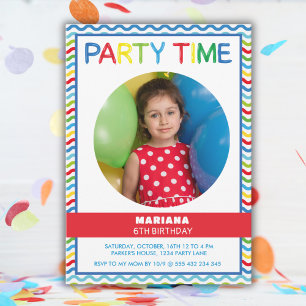 Blue and red play time balloons with photo invitation