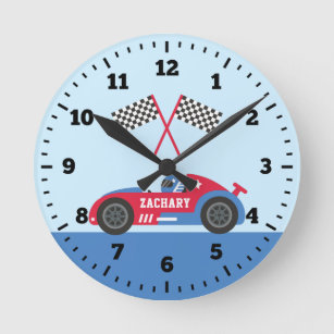 Blue and Red Race Car Racer Boys Bed Wall Decor Round Clock