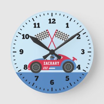 Blue And Red Race Car Racer Boys Bed Wall Decor Round Clock by RustyDoodle at Zazzle