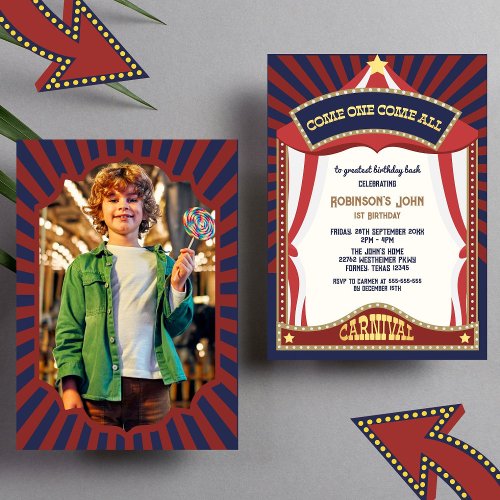 Blue and Red Retro Carnival birthday Photo Invitation