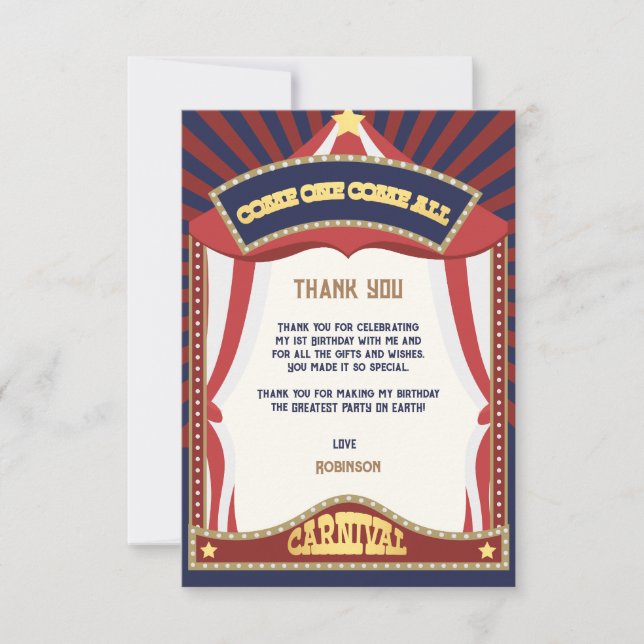 Blue and Red Retro Carnival birthday  Thank You Card (Front)