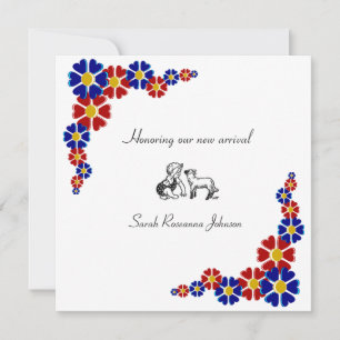 Blue and red retro flowers baby shower invitation