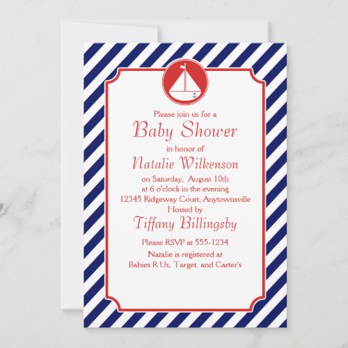 Blue and Red Sailboat  Baby Shower Personalized Invitation