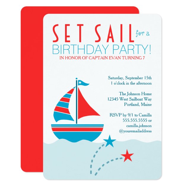 Blue And Red Sailboat Nautical Birthday Invitation