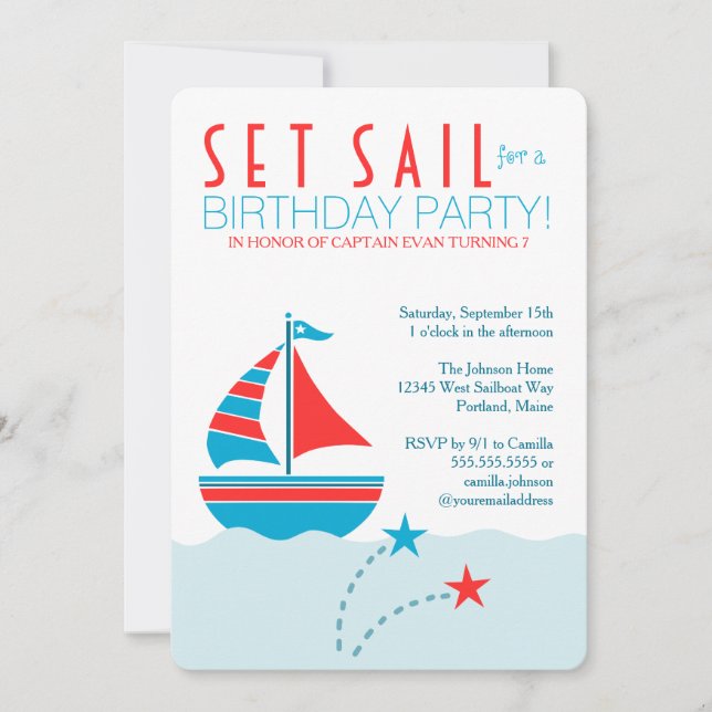 Blue and Red Sailboat Nautical Birthday Invitation (Front)