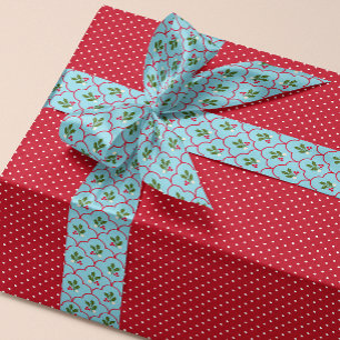 Blue and Red Scallop Holly Branch Berry Christmas Satin Ribbon