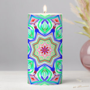 Blue and red shades eight points star kaleidoscope pillar candle