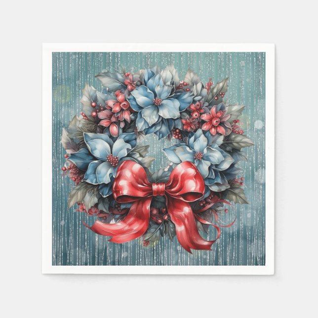 Blue and Red Sparkly Wreath Ribbon Napkins (Front)