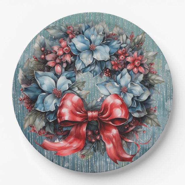 Blue and Red Sparkly Wreath Ribbon Paper Plates (Front)