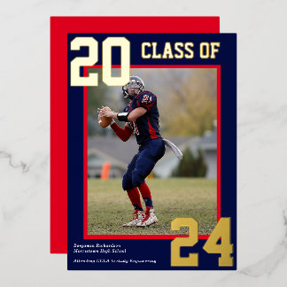 Blue and Red Sporty Varsity Graduation Photo Foil Holiday Card