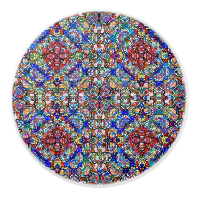 Blue and Red Stained Glass Look Kaleidoscope Ceramic Knob (Front)