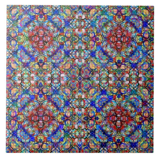 Blue and Red Stained Glass Look Kaleidoscope Ceramic Tile (Front)
