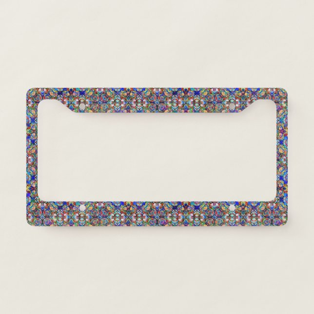 Blue and Red Stained Glass Look Kaleidoscope License Plate Frame (Front)