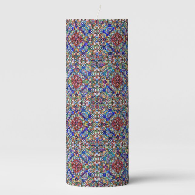 Blue and Red Stained Glass Look Kaleidoscope Pillar Candle (Front)