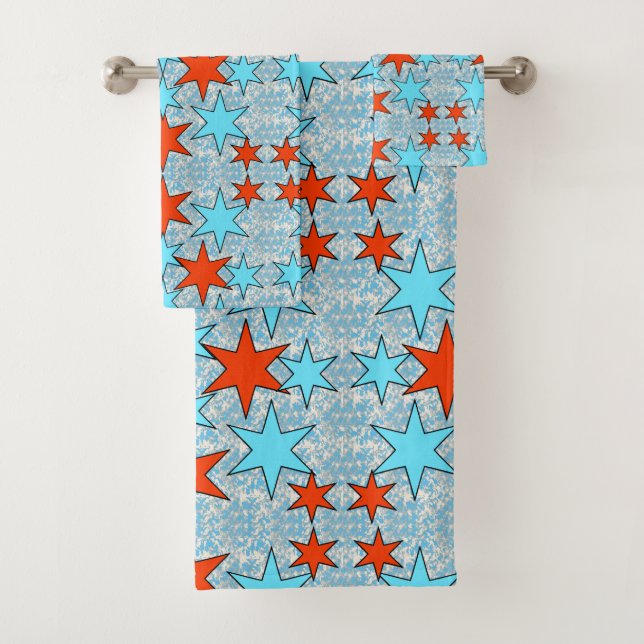 Blue and Red Star Pattern Bath Towel Set (Insitu)