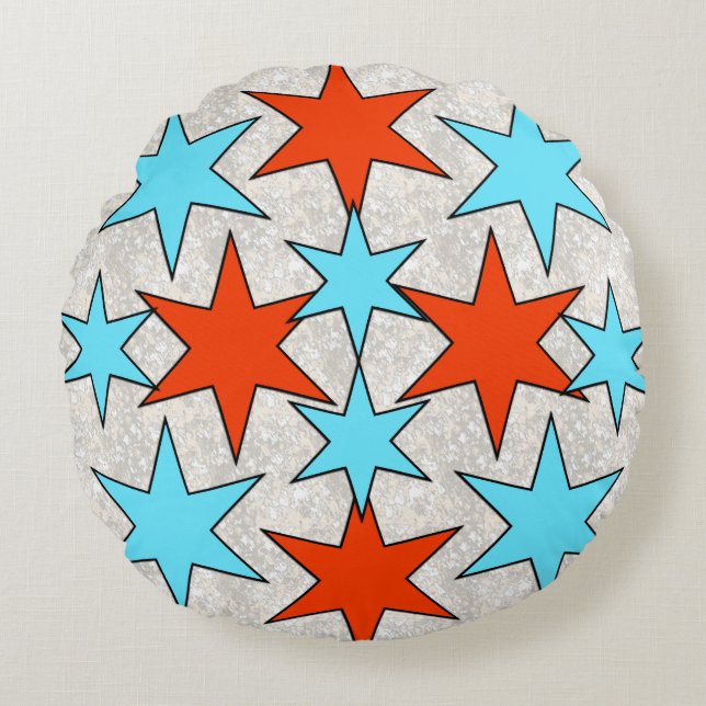 Blue and Red Star Print Round Pillow (Front)