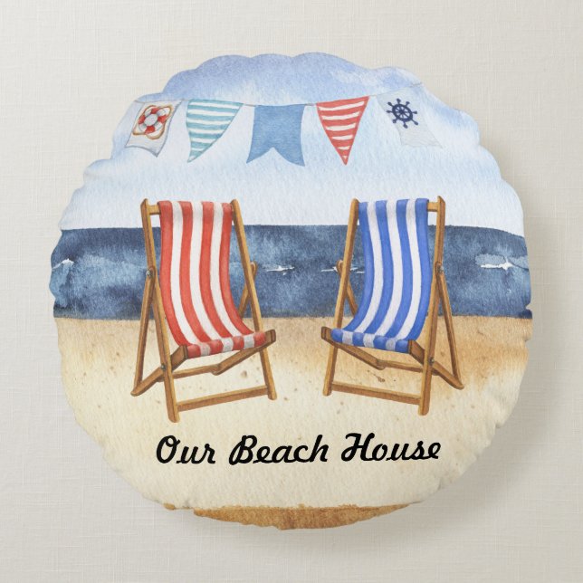 Blue and Red Striped Beach Chairs Round Pillow (Front)