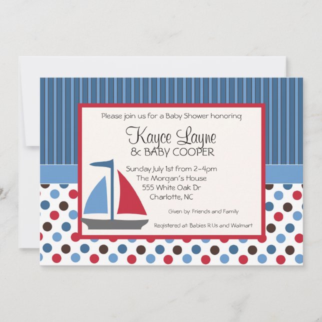 Blue and Red Stripes and Dots Sailboat Invitation (Front)