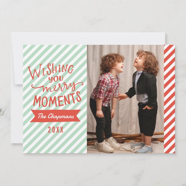Blue and Red stripes Christmas Holiday Photocard Card (Front)