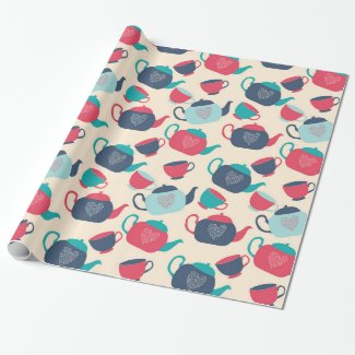 Blue And Red Teapots and Tea Cups Wrapping Paper